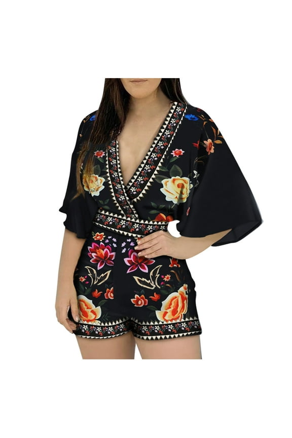 Women Flowers Printed Rompers Vintage Jumpsuit Deep V-Neck Short Sleeves Jumpsuit Short Pants