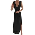 thumbnail image 1 of Fesfesfes Women Gowns Casual England Loose Sleeveless Solid V-Neck Floor-Length Dress, 1 of 1