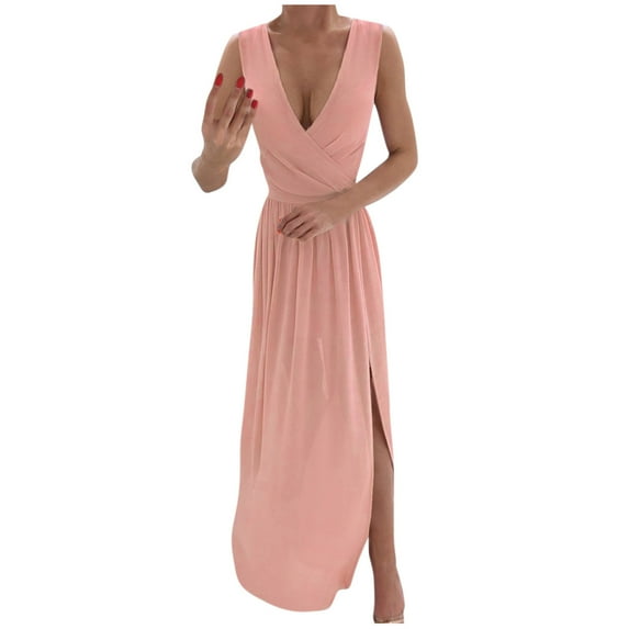 Fesfesfes Women Gowns Casual England Loose Sleeveless Solid V-Neck Floor-Length Dress Tops on