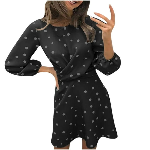 Fesfesfes Women Gowns Casual Long Sleeve Wave Point Printed O-Neck Pullover Draw Back Party Dress