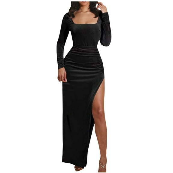 Fesfesfes Women Gowns Elegant Casual Solid Color Wrapped Hip Long Sleeve Dress Tops on