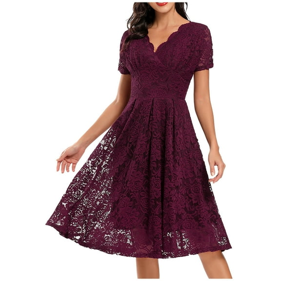 Fesfesfes Women Gowns Lace Short Sleeves Party Dress Cocktail Prom Ballgown Vintage Dress Plus Size $10