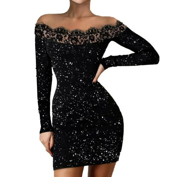 Fesfesfes Women Gowns Leakage Shoulder Long Sleeve Lace Fashion Slim Party Club Dresses Under $10