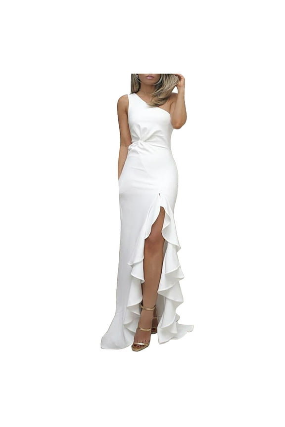 Women Gowns One Shoulder Party Dress Ruffle Hem Sleeveless Dress Full Length Semi Formal Split Dress