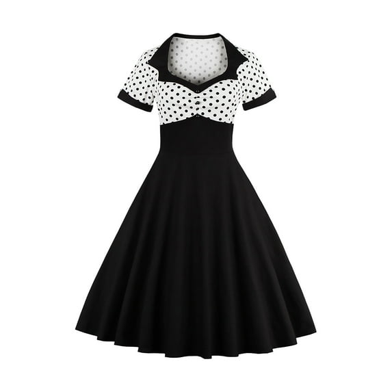 Fesfesfes Women Gowns Retro Print Splicing Short Sleeve Evening O-Neck Party Prom Vintage Polka Dot Dress Under $10