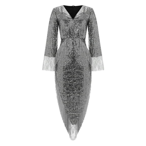Fesfesfes Women Gowns Sequins Slim Fit Tassel Bag Hip Deep V Neck Three Quarter Sleeves Dress Slit or