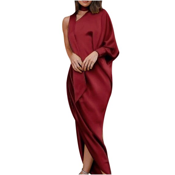 Fesfesfes Women Gowns Sexy Casual Long Sleeve Strapless Solid Fork Opening Dress Clearance