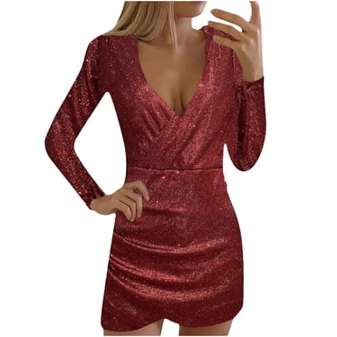 Fesfesfes Women Gowns Sexy Deep V-Neck Self Cultivation Long Sleeve Bag Hip Slim Elegant Ladies Party Dress or