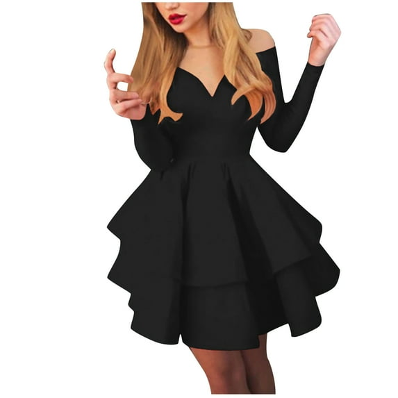 Fesfesfes Women Gowns Sexy Elegant Deep V-neck Solid Color Long Sleeve Ruffled Evening Dress Under $10