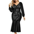 thumbnail image 1 of Fesfesfes Women Gowns Sexy Elegant Sequins Deep V-neck Solid Color Long Sleeve Ruffled Evening Dress Plus Size $10, 1 of 1