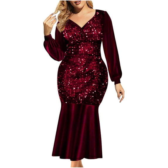 Fesfesfes Women Gowns Sexy Elegant Sequins Deep V-neck Solid Color Long Sleeve Ruffled Evening Dress or