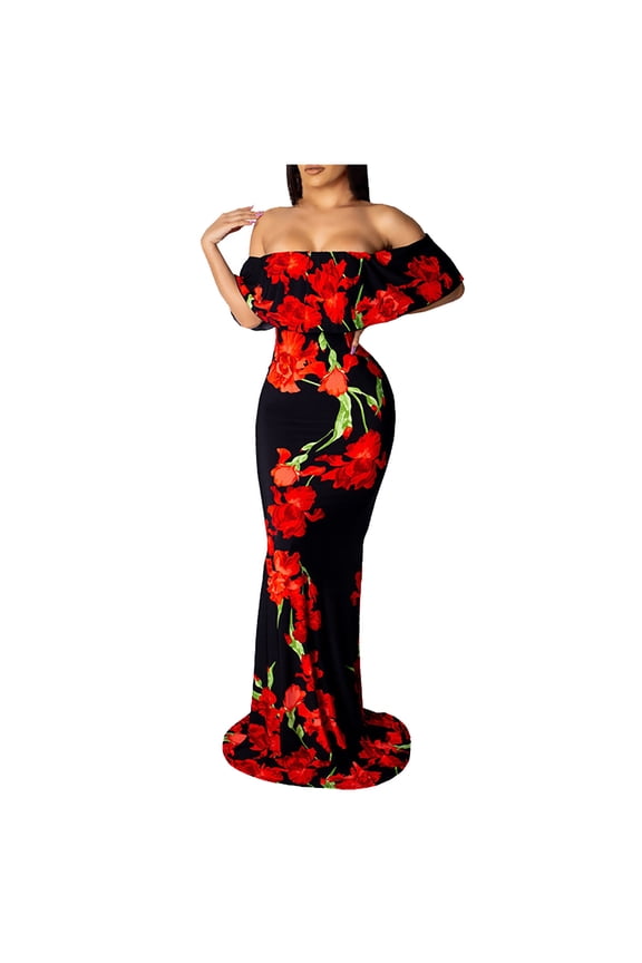 Women Gowns Floral Print One-Line Neck Tight Strapless Evening Dress Tops on