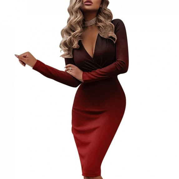 Fesfesfes Women Gowns Sexy Midi Long Dress Deep V Long Sleeve Fitted Office Work Pencil Dresses Plaid Print Evening Party Clubwear
