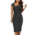 thumbnail image 1 of Fesfesfes Women Gowns Solid Diagonal-Collar Ruffle Short Sleeve Cocktail Party Ruched Dresses Under $10, 1 of 7