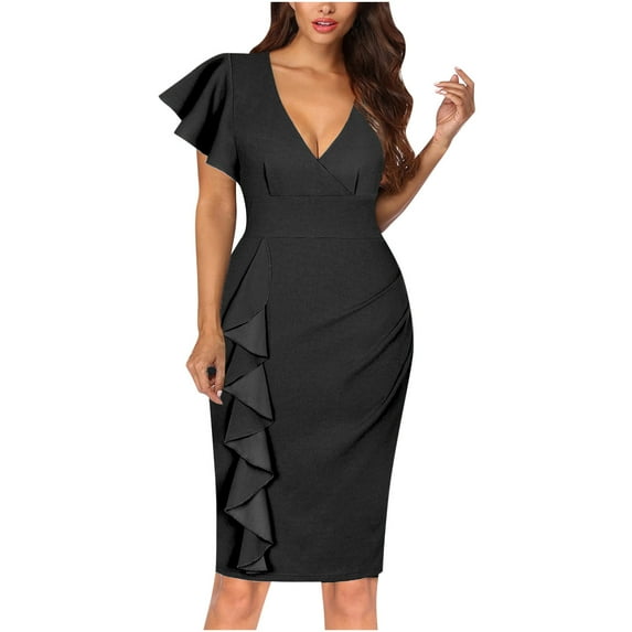 Fesfesfes Women Gowns Sexy Solid V-Neck Ruffle Short Sleeve Cocktail Party Ruched Dresses Plus Size $10