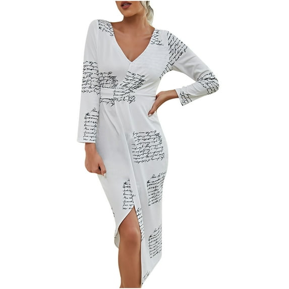 Fesfesfes Women Gowns Sexy V-Neck Long Sleeve Print Mid-Calf Length Party Fall Dress Under $10