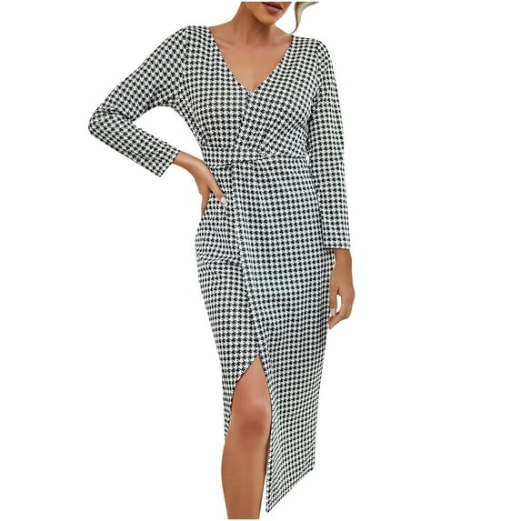 Fesfesfes Women Gowns Sexy V-Neck Long Sleeve Print Mid-Calf Length Party Fall Dress Under $10
