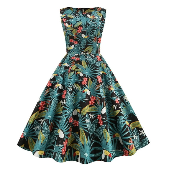 Fesfesfes Women Gowns Sleeveless Round Neck Vintage Print Party Swing Dress