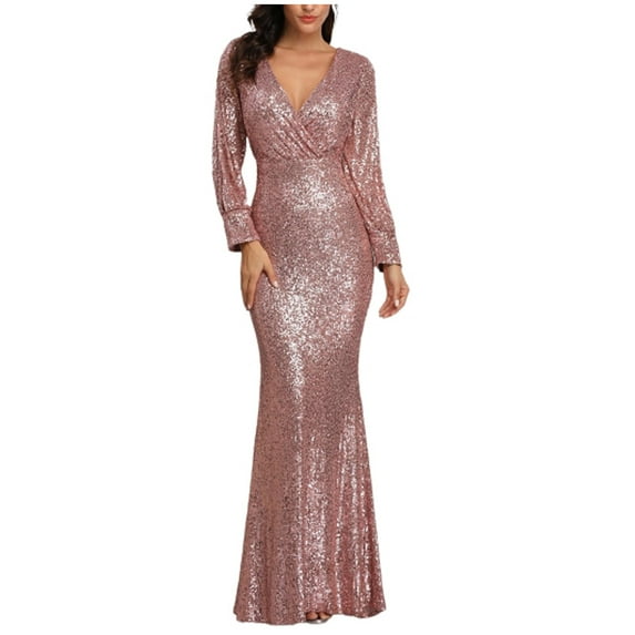 Fesfesfes Women Gowns Soild V-Neck Sequins Dress Long Sleeve Party Long Dresses Clothes Sale