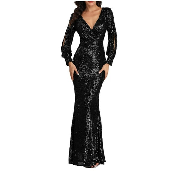 Fesfesfes Women Gowns Soild V-Neck Sequins Dress Long Sleeve Party Long Dresses or
