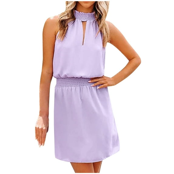 Fesfesfes Women Gowns Solid Color Dress Hollow Sleeveless Mini Dress Beach Dress Sun Dress