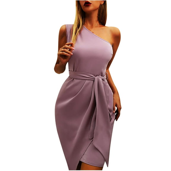 Fesfesfes Women Gowns Solid Color Sleeveless Slanted Shoulder Strap Dress Dress Tops on