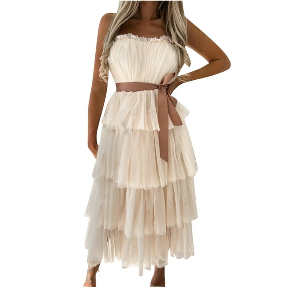 Fesfesfes Women Gowns Tulle Dress Sleeveless Dress Solid Mesh Princess Steapless Long Party Dress Tops on