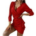 thumbnail image 1 of Fesfesfes Women Gowns V-Neck Long Sleeve Slim Fit Buttocks Irregular Dress, 1 of 1