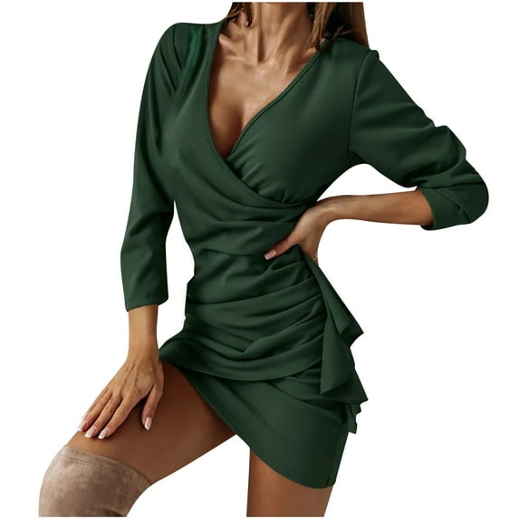 Fesfesfes Women Gowns V-Neck Long Sleeve Slim Fit Buttocks Irregular Dress Tops on
