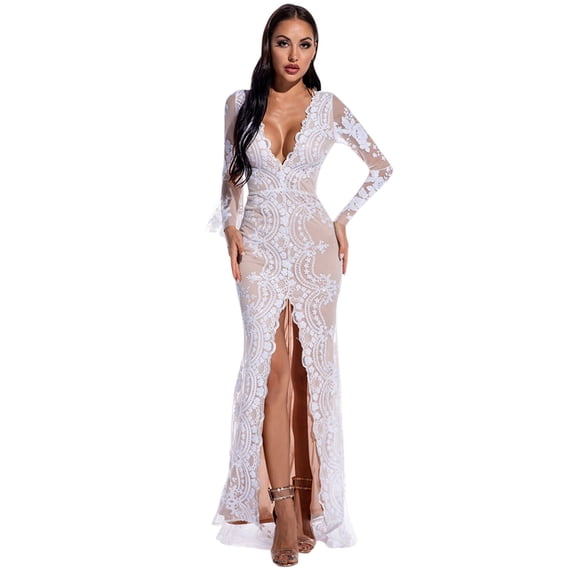 Fesfesfes Women Gowns V neck Mesh sequin stitching Long Sleeve Party Long Dress Clearance Under $10