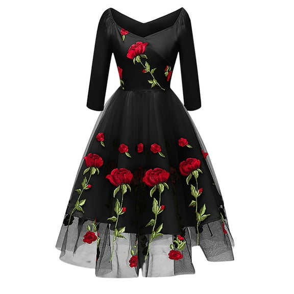 Fesfesfes Women Gowns Vintage Rose Embroidery Temperament V-neck Long-Sleeved Net Yarn Dress