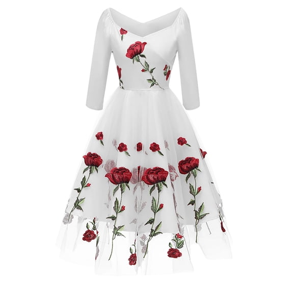 Fesfesfes Women Gowns Vintage Rose Embroidery Temperament V-neck Sexy Long-Sleeved Net Yarn Dress Plus Size Clearance $10