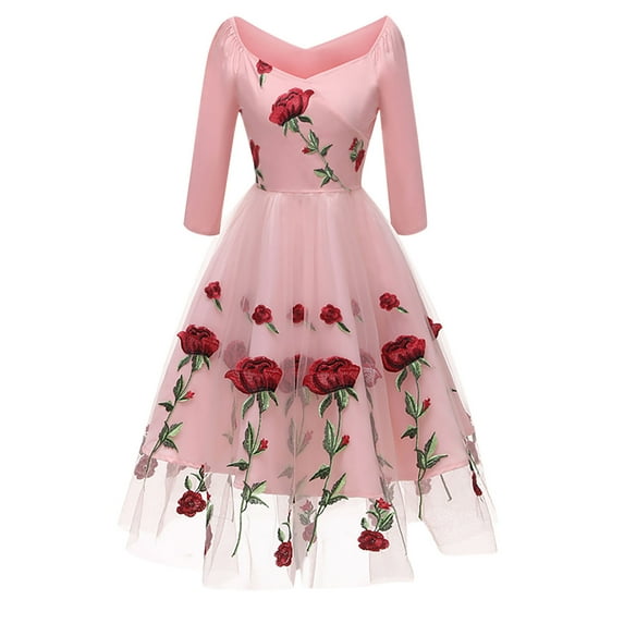 Fesfesfes Women Gowns Vintage Rose Embroidery Temperament V-neck Sexy Long-Sleeved Net Yarn Dress Sale Tops on Clearance