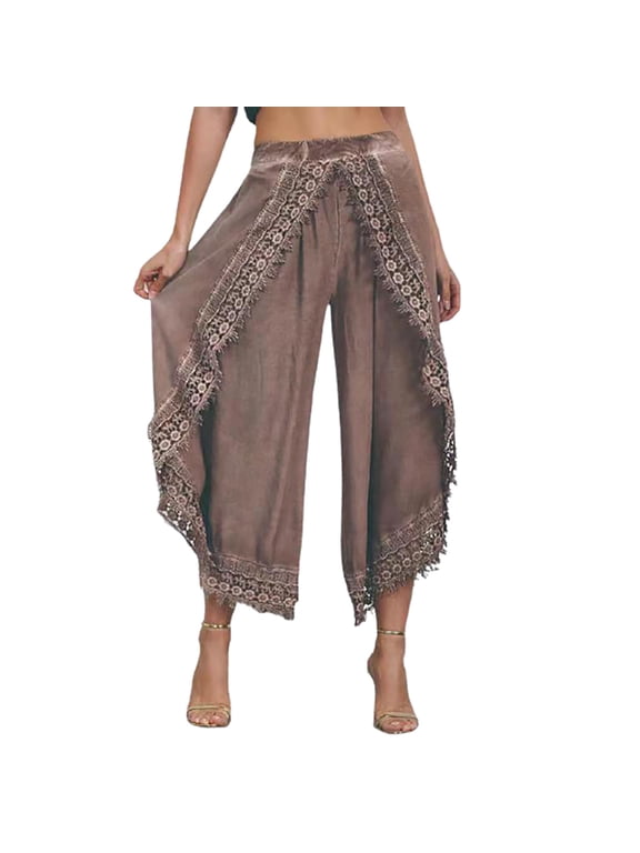 Women Harem Pant Casual Solid Lace Elastic Waist Workout Sports Wide Lag Pants
