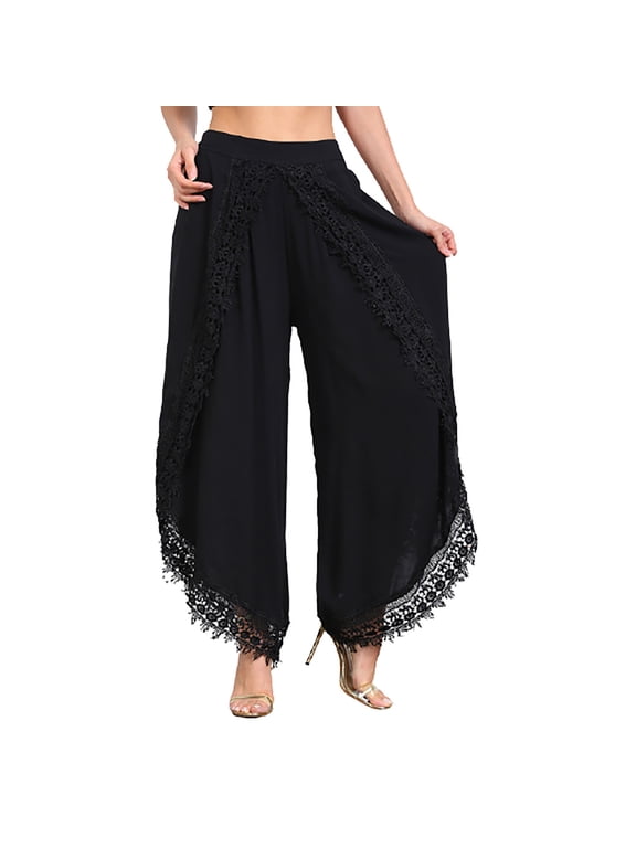 Women Harem Pant Casual Solid Lace Elastic Waist Workout Sports Wide Lag Pants