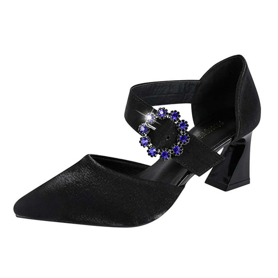 Fesfesfes Women Heels Fashion Women Pointed Toe Rhinestone Buckle High Heels Pointed Toe Hollow Cloth Thick Heel Shoes 5.5(36)