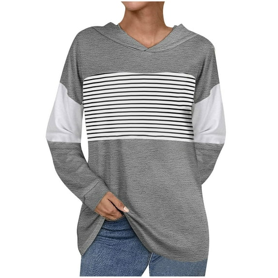 Fesfesfes Women Hooded Casual Fall Long Sleeve Hoodie Stripe Splicing Hooded Sweatshirts Pullover Coat Tops