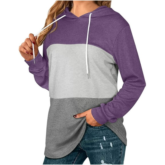 Fesfesfes Women Hooded Casual Patchwork Pullover Long Sleeve Hooded Drawstring Hoodies Blouse Tops Sweatshirt or