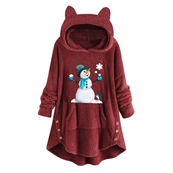 Fesfesfes Women Hooded Casual Printing Cat Ears Plush Buttons Long Sleeved Hooded Plush Coat Top Clothes Sale