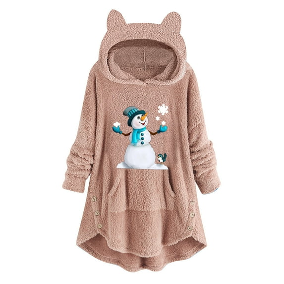 Fesfesfes Women Hooded Casual Printing Cat Ears Plush Buttons Long Sleeved Hooded Plush Coat Top Tops on