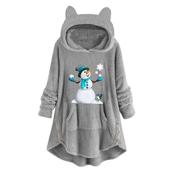 Fesfesfes Women Hooded Casual Printing Cat Ears Plush Buttons Long Sleeved Hooded Plush Coat Top or