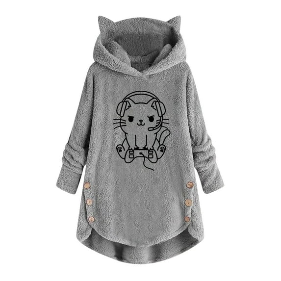 Fesfesfes Women Hooded Casual Printing Cat Ears Plush Buttons Long Sleeved Hooded Plush Coat Top Under $10
