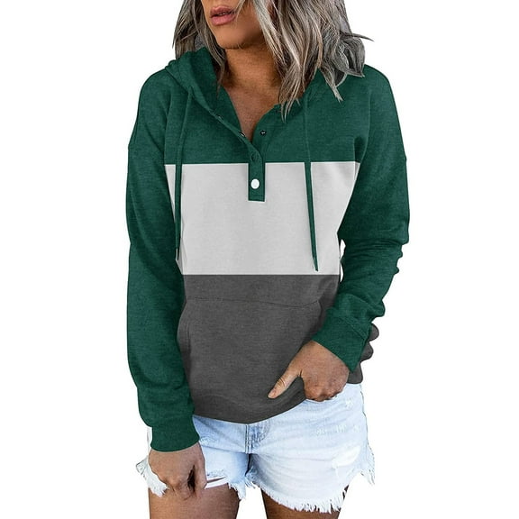 Fesfesfes Women Hooded Casual Pullover Patchwork Button Down Hoodies Drawstring Long Sleeve Hooded Pocket Blouse Tops Sweatshirts Tops on