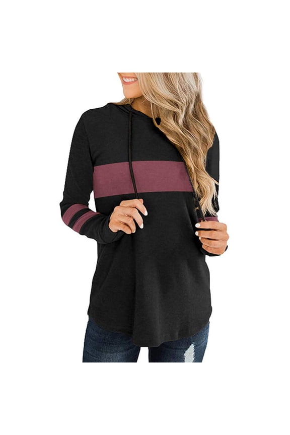 Women Hooded Color Block Long Sleeve Pullover Hooded Side Split High Low Tunic Top Clothes Sale