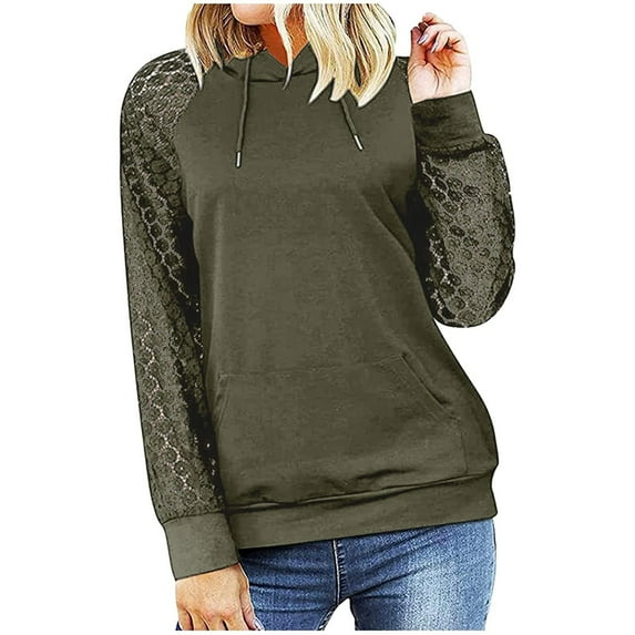 Fesfesfes Women Hooded Fall Lace Long Sleeve Hoodie Splicing Pockets Hooded Sweatshirts Coat Tops Plus Size $10