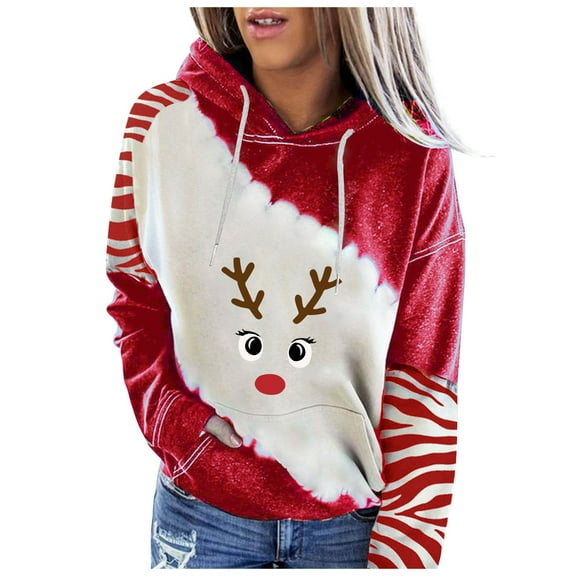 Fesfesfes Women Hooded Hoodie Printing Loose Color Matching Casual Christmas Long Sleeve Tops Plus Size $10
