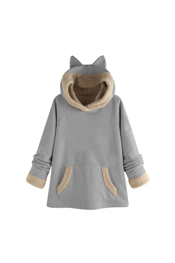 Women Hooded Ladies Pocket Cat Ears Hooded Plus Velvet Long Sleeve Blouse Sweatshirt Tops on