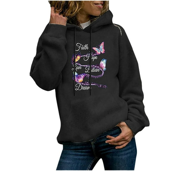 Fesfesfes Women Hooded Long Sleeve Butterfly Print Hooded Pocket Casual Sweatshirt Top Clearance Under $10