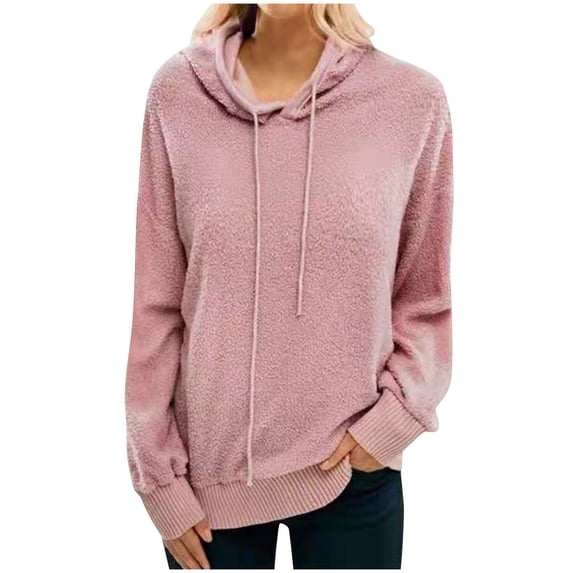 Fesfesfes Women Hooded Loose Solid Color Long Sleeve Hooded Cute Plus Fleece Jacket or