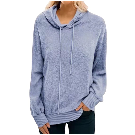 Fesfesfes Women Hooded Loose Solid Color Long Sleeve Hooded Cute Plus Fleece Jacket or